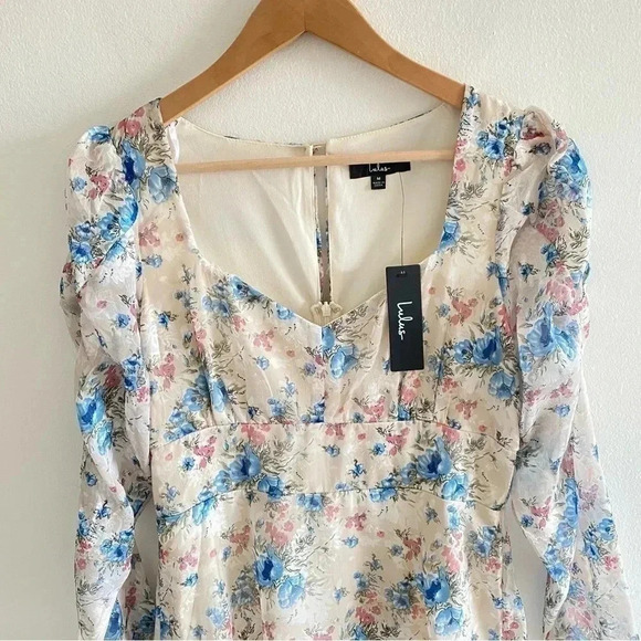LULU'S Lovely Type Ivory Floral Print Puff Sleeve A-Line Mini Dress Sz Medium - Picture 4 of 13